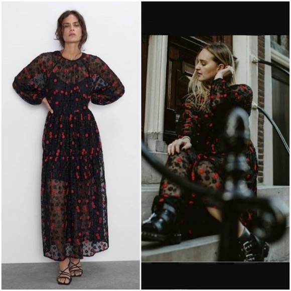 NEW Zara Oversized Floral Embroidered Sheer Dress Black Red Bloggers Favorite - Picture 6 of 13